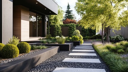 Simple modern front yard with black and white gravel, sleek concrete planters, and minimalist greenery, no people, no logos.