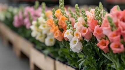 Snapdragons in various pastel shades displayed beautifully in a flower market, the delicate blooms creating a fresh and inviting ambiance perfect for any garden or floral arrangement.