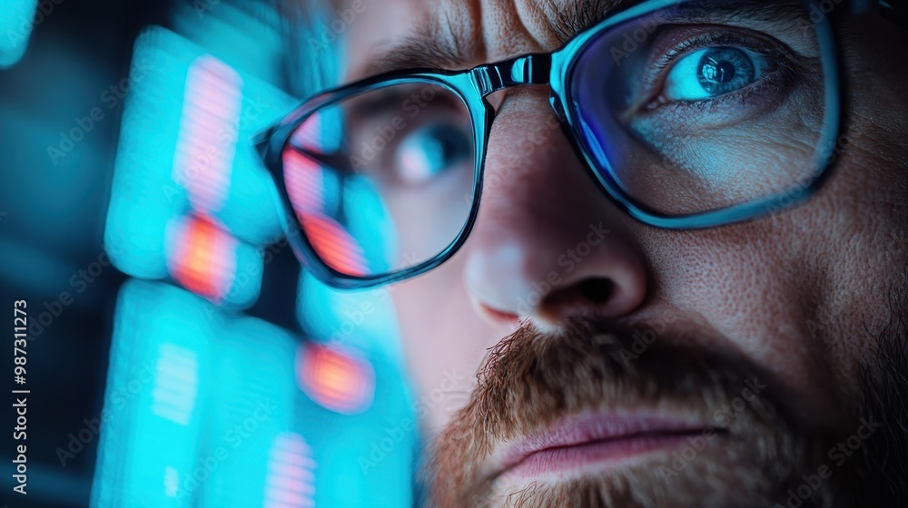 Poster a blurred image featuring a high-tech background with bright blue and red lights. a pair of glasses 
