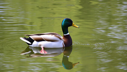 Obraz premium Duck with Reflections Swimming in a Pond