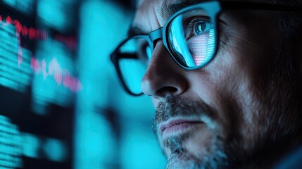 An individual wearing glasses is concentrated on viewing data displayed on a screen, highlighting the focus and analytical nature required in data analysis tasks.