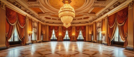 Obraz premium Magnificent chandelier illuminates a grand ballroom adorned with silk drapes, rich mahogany details, and an intricate ceiling, exuding timeless elegance and wealth