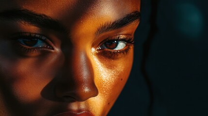 Portrait of a model with bold lighting revealing sharp contrasts between highlights and deep shadows across the face