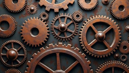 This artwork features various rusty gears and cogs intricately arranged against a dark background