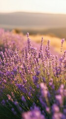 Obraz premium Lavender fields in Provence, soft purple hues, golden light at dusk, conveying relaxation and natural beauty of the landscape.