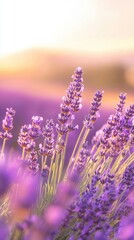 Naklejka premium Lavender fields in Provence, soft purple hues, golden light at dusk, conveying relaxation and natural beauty of the landscape.
