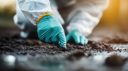 Close-up of hands wearing protective gloves, engaged in examining soil as part of detailed, precise research work likely related to agriculture or environmental study.