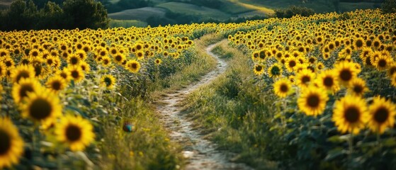 A winding path through a sunflower field, representing positivity and growth on the journey to success, bright sunny day