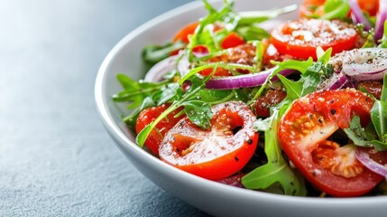 A bowl of fresh salad featuring tomatoes, onions, and arugula, seasoned with a sprinkle of spices, represents a healthy and appetizing meal option for health-conscious individuals.