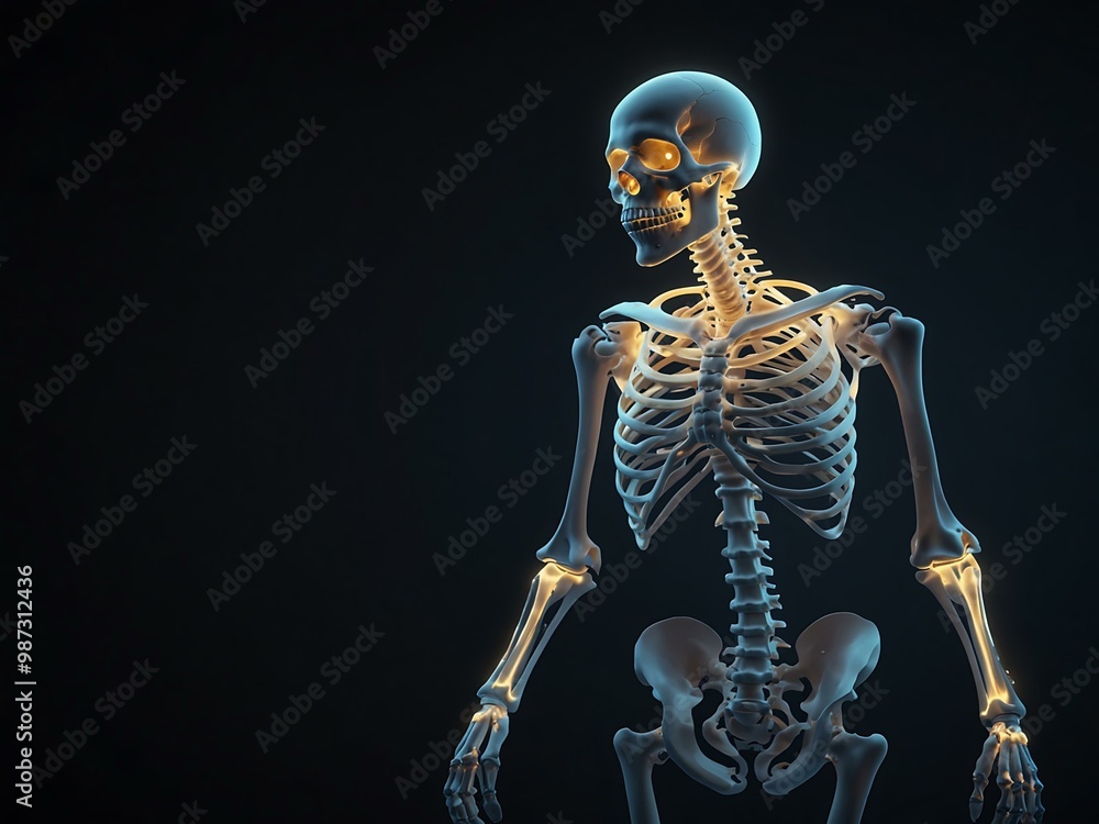 Poster 3d rendering of a skeleton with glowing spine.