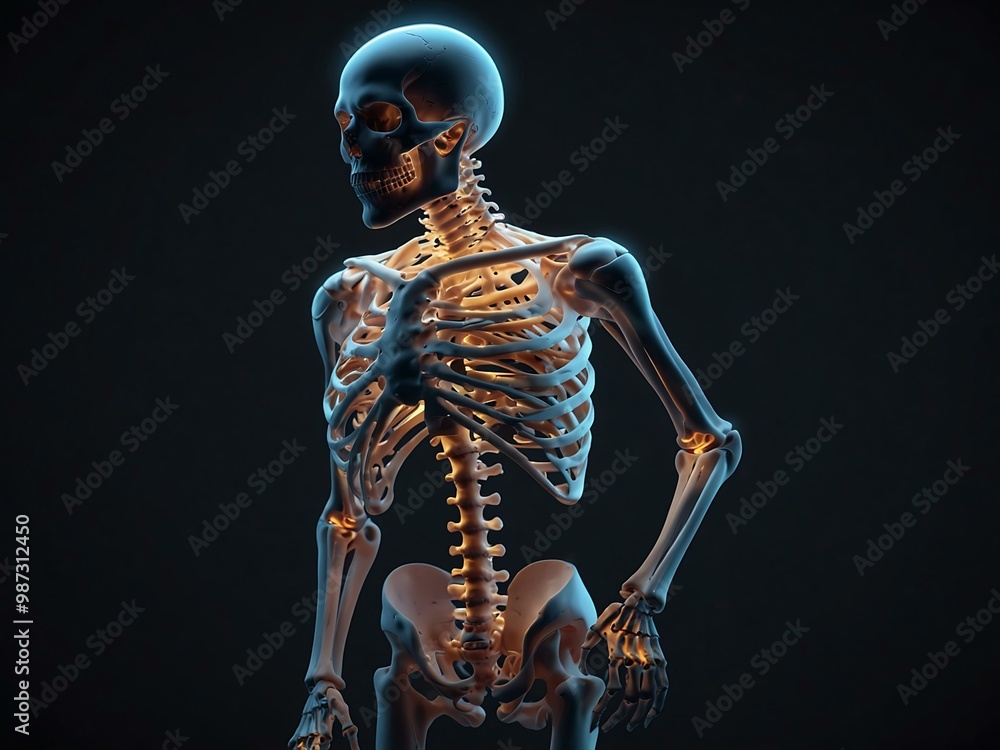 Poster 3d rendering of a skeleton with glowing spine.