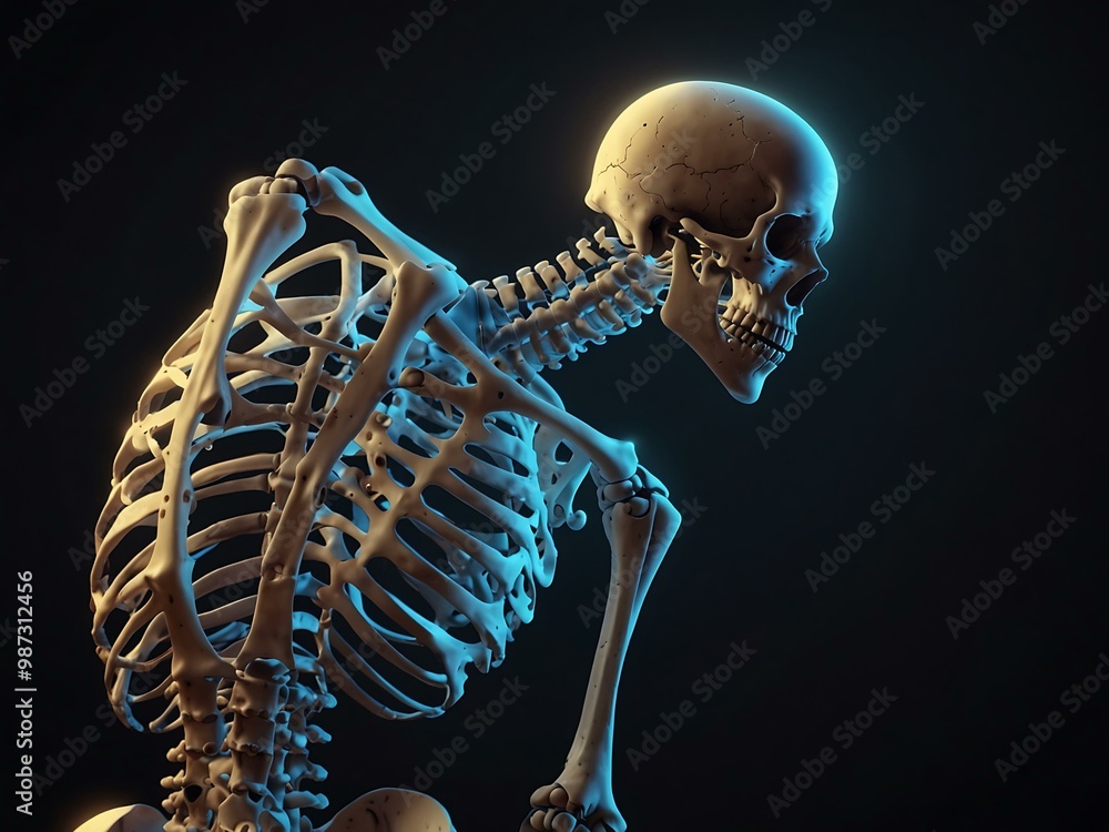 Poster 3d rendering of a skeleton with glowing spine.