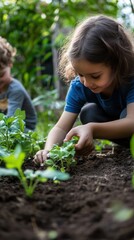 A child helping a parent in a home garden, nurturing plants together, symbolizing growth, effort, and family bonds