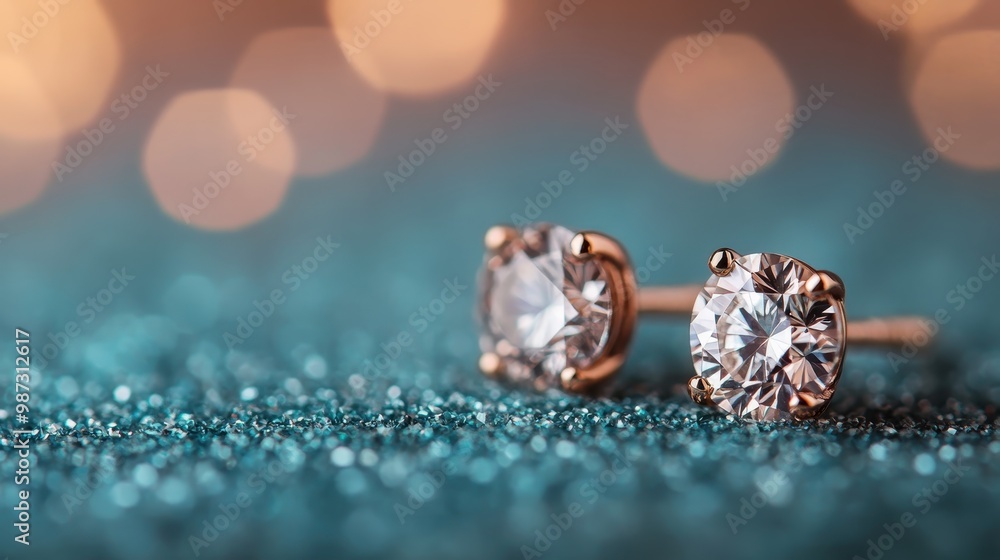 Wall mural a close-up photograph of diamond stud earrings resting on a glittery, shimmering surface, emphasizin