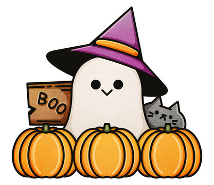 cute ghost wearing witch hat with pumpkins clip art preview