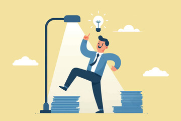 A businessman dances next to a pile of money while pointing to a lamp above his head as a symbol of an idea