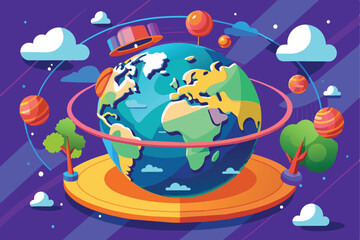 Colorful illustration of Earth surrounded by planets and clouds, depicting a creative view of the solar system.