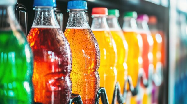 A row of soft drinks and sodas in a vending machine, brightly colored yet packed with sugar and artificial ingredients