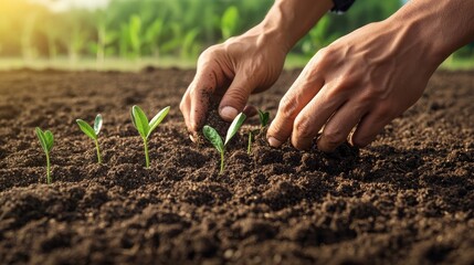 A person planting small seedlings in rich soil, fostering growth and nurturing nature in a sunlit agricultural environment.