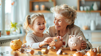 Fototapeta premium Little girl and grandmother with piggy bank at home