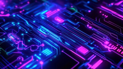 Abstract glowing lines forming a circuit board pattern in purple and blue against a black background.
