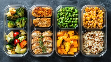 A set of meal-prepped containers filled with balanced meals for the week, showcasing lean proteins, grains, and vegetables