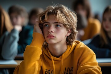 Calm Teenage Boy Managing Test Anxiety Through Deep Breathing in Classroom