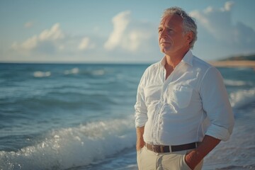 Finding Serenity: Middle-aged man finding solace by the ocean, using the soothing sound of waves to ease anxiety and find peace of mind in nature.