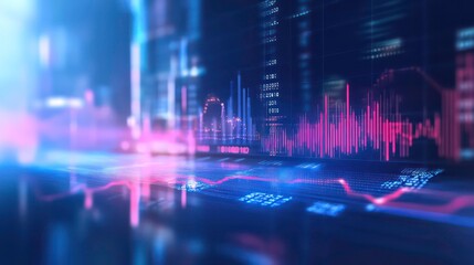 Abstract background with blurred city lights and a computer screen showing a financial chart.