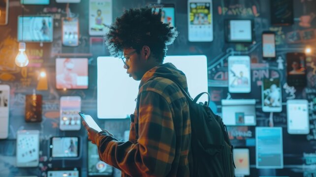 teenager scrolling through social media on futuristic screen interface,Social Media Day