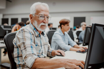 Senior man engaging in computer learning, symbolizing lifelong education and digital literacy. Perfect for educational content,
