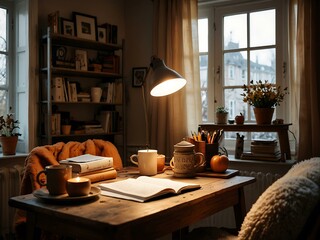 A cozy autumn atmosphere in a creative workspace.