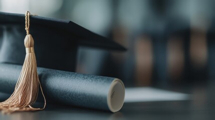 The image shows a close-up view of a graduation cap and diploma on a table, symbolizing the completion of studies and readiness for future endeavors with a sense of achievement.