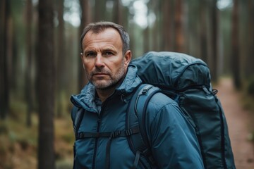 Finding Peace: Middle-aged man seeking solace in the forest to calm his anxiety