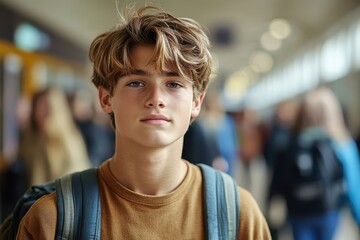 Fototapeta premium Overcoming Anxiety: Teenage Boy Managing Stress in Crowded School Hallway