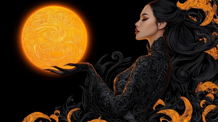 Woman with Intricate Ornate Design Holding a Glowing Orb