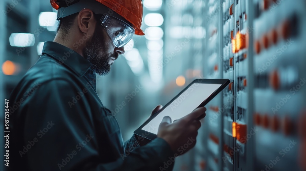 Poster engineer intensely monitors server room operations using a tablet device, ensuring system efficiency