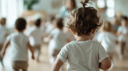 A group of small children energetically run around a spacious room, symbolizing active play, childhood joy, and the importance of physical activity for young individuals.