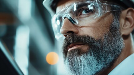 A person dressed in safety gear, possibly located in an industrial environment, representing the importance of safety measures, protection, and professional equipment handling.