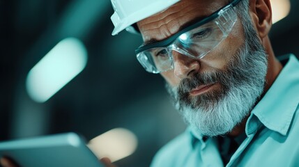 In a high-tech setting, a dedicated male engineer wearing a helmet uses a tablet to analyze data, ensuring accuracy and efficiency in his operations.