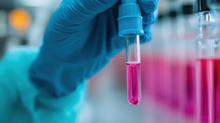 A focused scientist carefully examines a pink liquid in a test tube within a highly controlled laboratory environment, emphasizing safety and precision in every step.