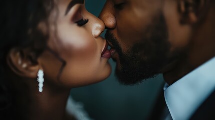 Detailed close-up of a bride and groom, emphasizing their expressions and formal attire during their wedding, capturing the significance and beauty of their matrimonial bond.