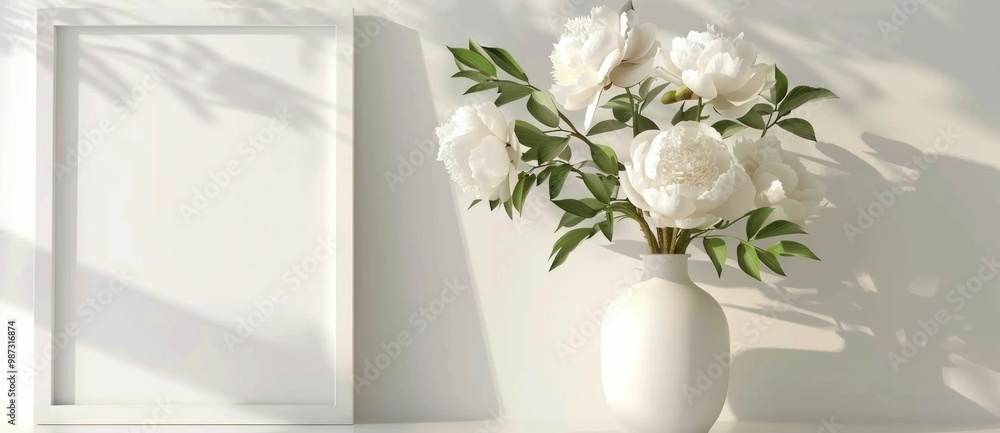 Aufkleber white peonies in a vase next to a blank picture frame on a soft neutral background, creating a seren