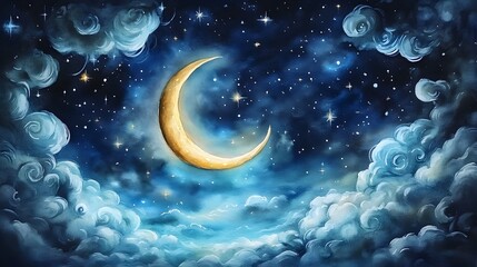 Fototapeta premium Enchanting Starry Night Sky with Crescent Moon and Wispy Clouds in Watercolor