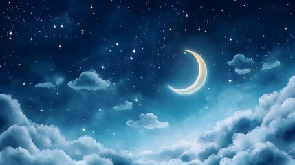 Fototapeta premium Enchanting Watercolor Nightscape with Glowing Crescent Moon and Twinkling Stars