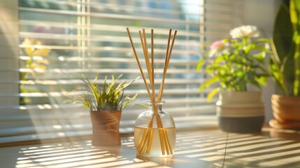 Aroma reed diffuser alongside fresh herbs in a sleek kitchen garden setting
