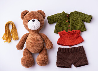 Handmade crocheted bear toys, amigurumi. Handmade stuffed toy. 