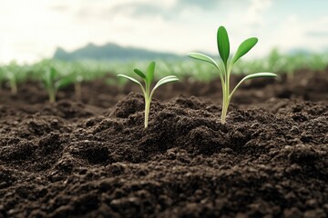 Fresh green seedlings emerging from dark soil against a blurred background of mountains, symbolizing growth and new beginnings.