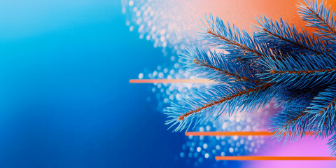 Christmas web banner with a spruce branch, an idea for an art card in rich bright colors, with wishes of Merry Christmas and New Year