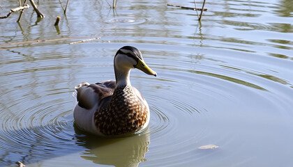 Fototapeta premium Duck with Reflections Swimming in a Pond